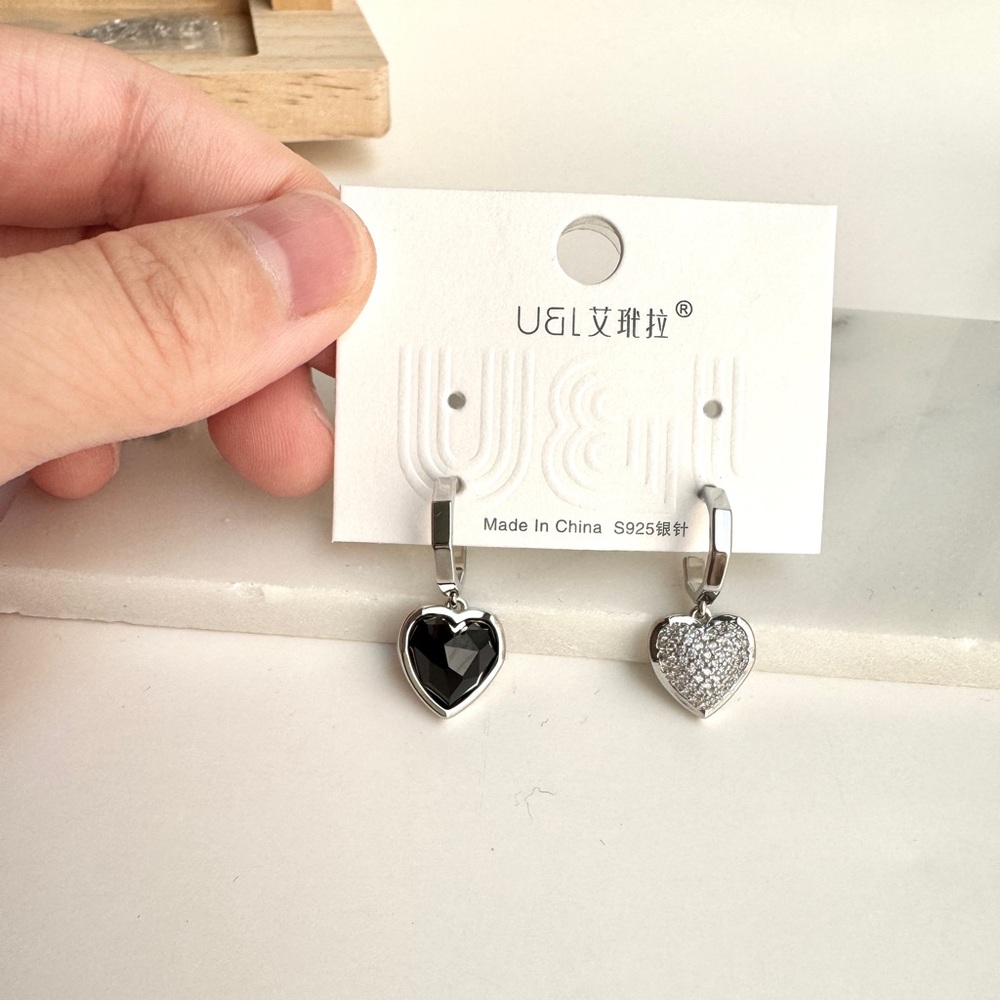 Black & Clear Heart Dangle Earrings Asymmetrical (Mix & Match 2 for $15)